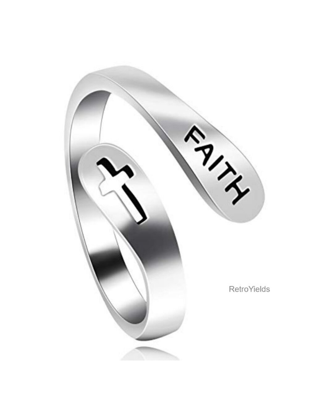 925 Sterling Silver Cross Faith Ring Adjustable Platinum Plated Open Wrap